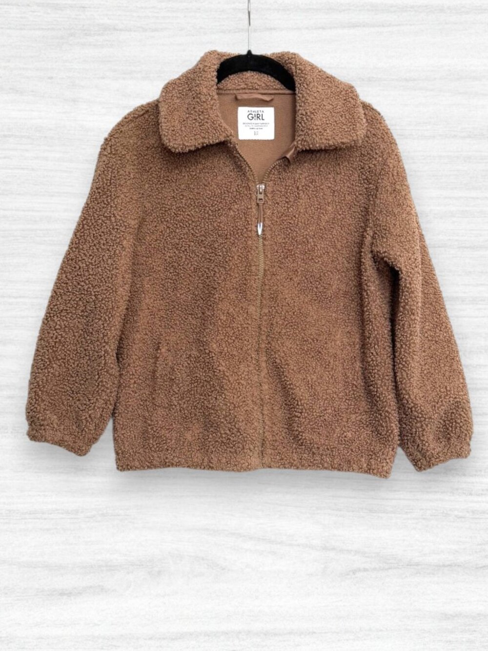 Athleta Girl Sherpa Fleece Jacket S 7 Brown Teddy Zip Cozy Outdoor Fall Neutral
